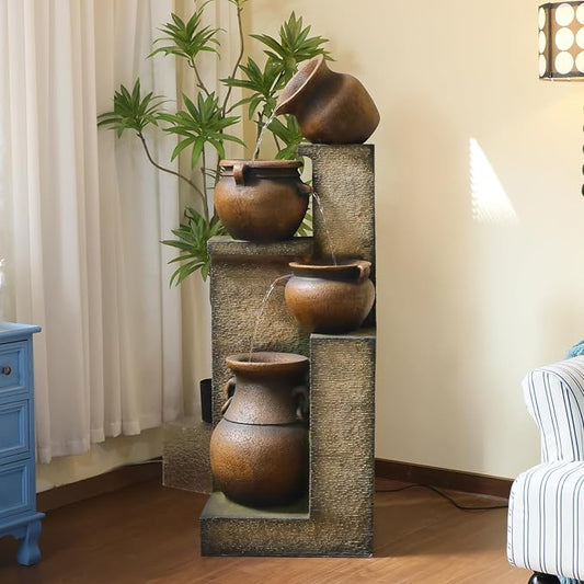 Resin Outdoor Water Fountain 4-Tier Jar Waterfall - Quiet Pump, LED Lights, Rustic Jar Cascading Water Feature for Garden Patio Backyard Decor, 53" H Fountain, Gold