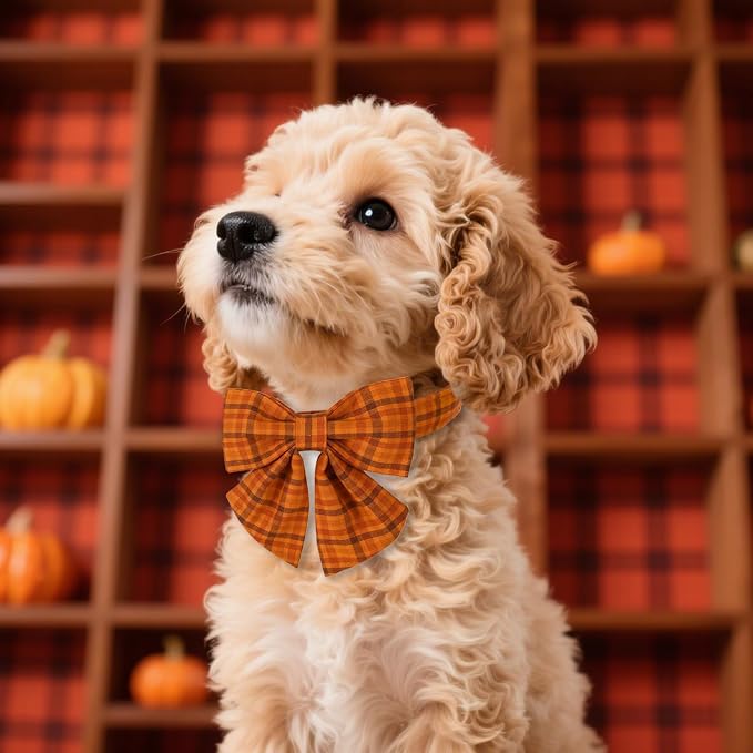 Maca Bates Fall Pumpkin Plaid Dog Collar with Sailor Bow Tie for Small Girl,Boy,Autumn Checkered Puppy Collars with Bowtie,Halloween Gingham Print Adjustable Breakaway Soft for Male Female Dogs