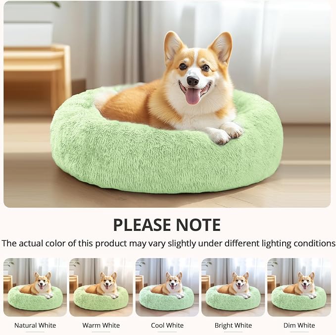 JOLLYVOGUE Calming Dog Beds Large Sized Dog, 36in Donut Washable Large Pet Bed, Anti-Slip & Anti-Anxiety Fluffy Faux Fur Round Dogs Bed, Fits up to 80 lbs Pets (Light Green)