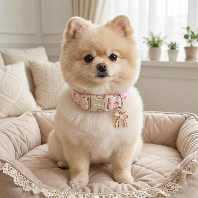 Pink Bow Dog Collar with Flower, Adjustable Cotton Puppy Collar, Cute Girl Boy Dog Collars for Small Medium Large Dogs, Ideal for Gifts,Pet Accessory,L