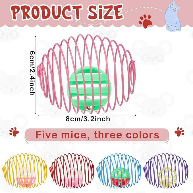 Jecery 5 Pcs Cat Spring Toys Stretchable Rolling Balls Colorful Playful Coils Interactive Action Toy Caged Rats for Kitten Pet Supplies (Bell Ball,Multicolor)