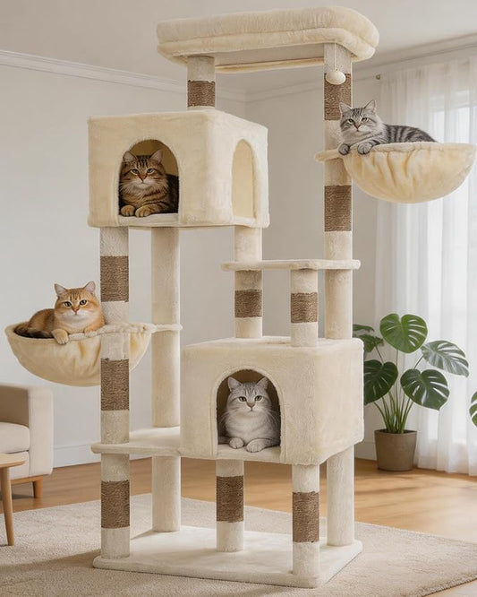 Heybly 68.1" Cat Tree with Oversized Top Platform & Wide Base, Heavy Duty Cat Tower for Large Indoor Cats with 2 Condos, 2 Hammocks, 10 Sisal Scratching Posts, Stable Cat House, Beige HCT059MJ