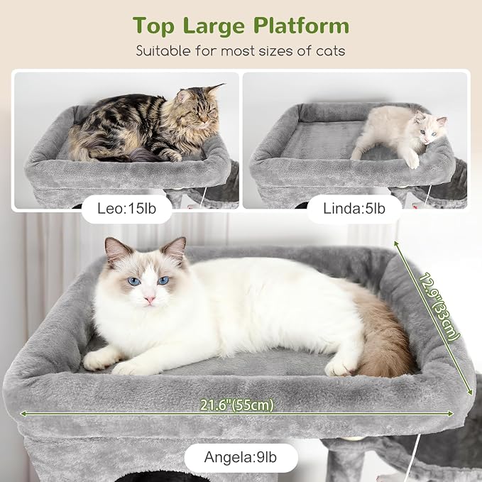 Globlazer Large Cat Tree, 80 inch Multi-Level Tall Climbing Tower Kitty Condos Cat Scratching Tower for Indoor Multiple Large Adult Cats Kittens with 3 Cat Caves, 3 Hanging Baskets, F80F, Light Grey