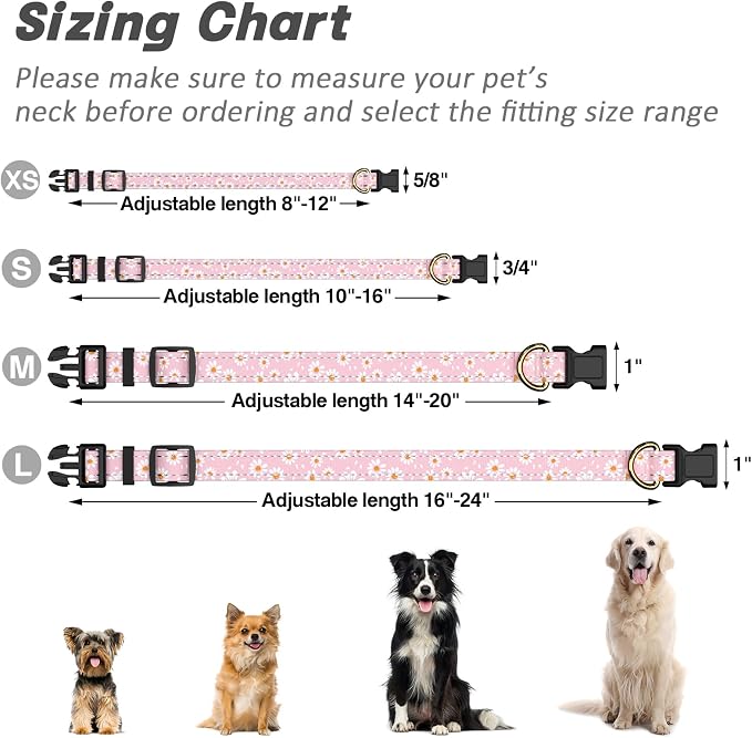 Reflective Dog Collar for Small Dogs, Cute Daisy Theme Adjustable Heavy-Duty Nylon Puppy Collar for Boy and Girl Female, Soft Pet Accessories with Quick Release Buckle, Neck 10-16", Pink