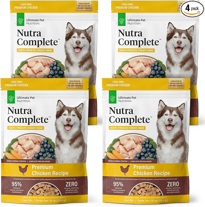 ULTIMATE PET NUTRITION Nutra Complete, 100% Freeze Dried Veterinarian Formulated Raw Dog Food with Antioxidants Prebiotics and Amino Acids, (1 Pound (Pack of 4), Chicken)