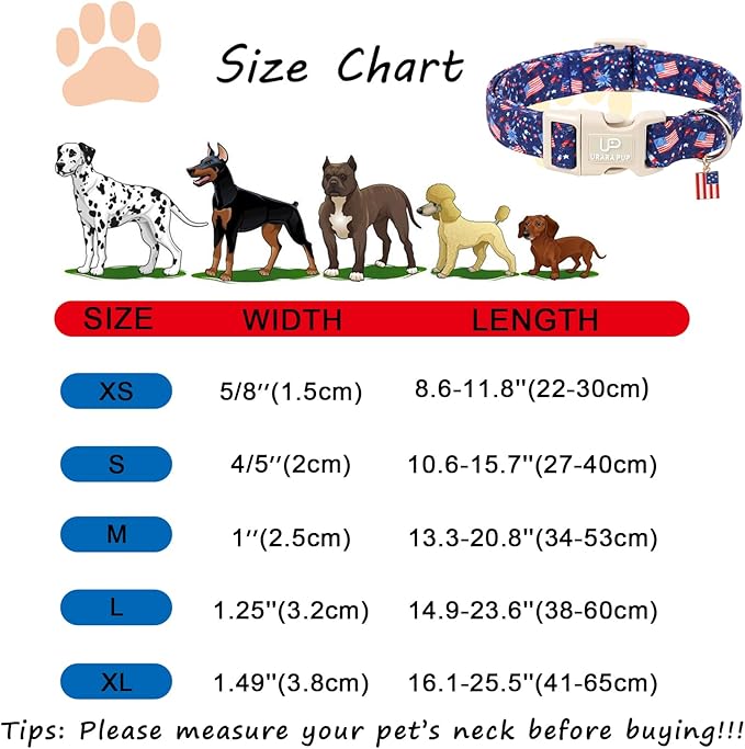 American Flag Dog Collar, 4th of July Cotton Patriotic Pet Collar, Adjustable Durable Quick Release Buckle with Charm for Small Medium Large Dogs