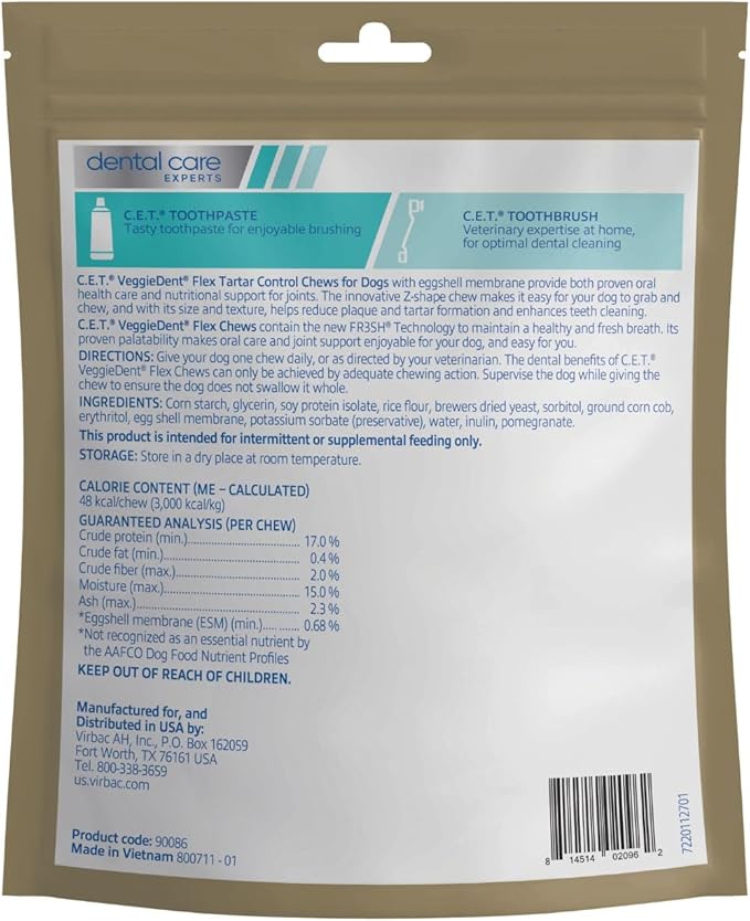 Virbac C.E.T.® VEGGIEDENT® Flex Tartar Control Chews for Dogs - Multifunctional to Support Joint Health, VOHC Approved - Small 11-22lbs