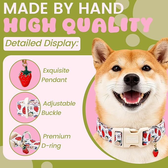 Elegant Little Tail Summer Dog Collar, Cute Pink Strawberry Pattern Soft Cotton Pet Collars with Sturdy Quick Release Buckle Female or Male Adjustable Pet Collar for X-Small Puppy