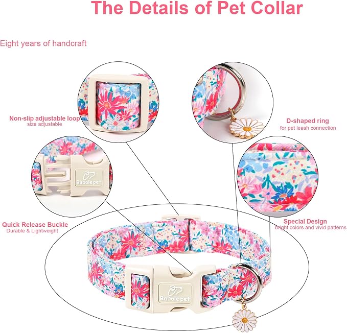 Floral Dog Collar Cute Spring/Summer Dog Collars for Puppy Small Dogs - Lightweight Adjustable Pastel Wildflower Male Female Dogs Everyday Collar with Safety Buckle XS
