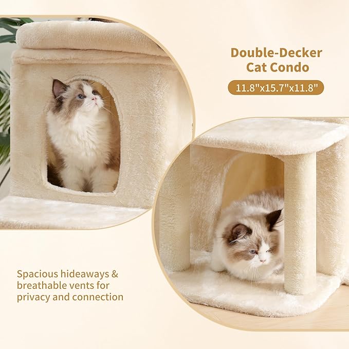 Heybly Cat Tree, 26.3-inch Cat Tower with Spacious Top Perch for Large Cats, Stair-Style Cat House Furniture with Dual-Layer Condos, Sisal Scratching Posts, Cozy Basket & Pompom, Beige HCT204SM