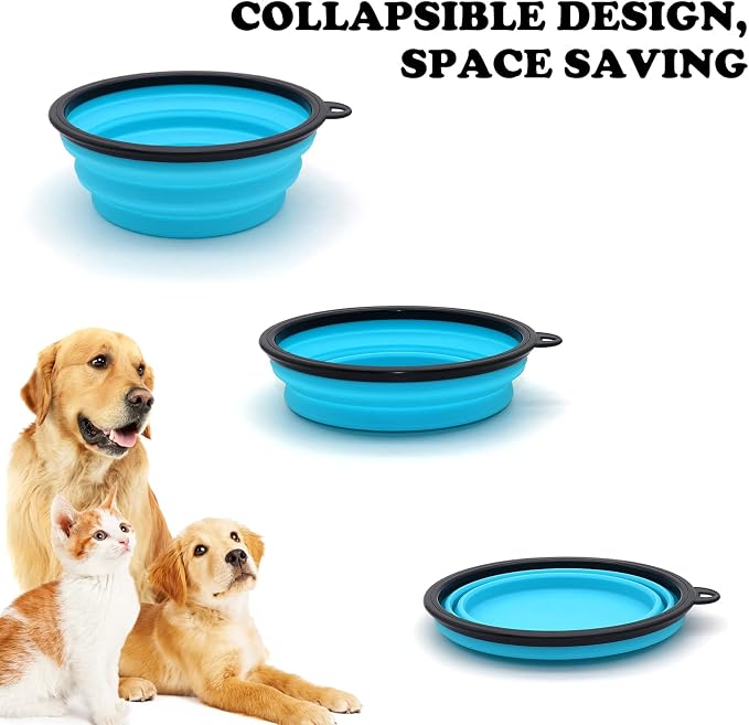 2-Pack Small Dog Travel Bowl, Collapsible Bowls for Dogs, Foldable Cat Water Bowl, Portable Pet Feeding Watering Traveling Dish (Light Blue & Dark Blue)