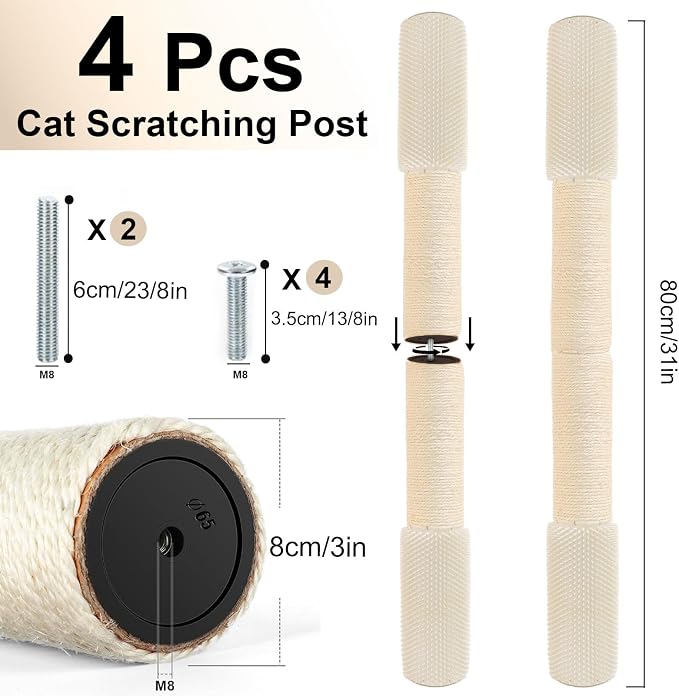 4 Pcs M8 Cat Scratching Post Replacement with Screws, 15.7×3.9-Inch Upgraded Natural Sisal and Soft-Spiked Cat Tree Replacement Parts, for Cat Tower Furniture