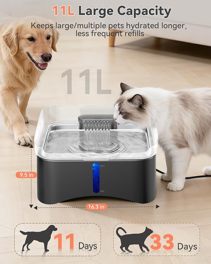 UPSKY 11L Elevated No-Spill Dog Water Fountain, 4 Heights Adjustable, 304 Stainless Steel Tray with Anti-Clog Pump & 4 Filters for Senior Dogs, All Dog Sizes & Multi-Pet Home (Grey)