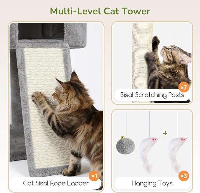 Globlazer 83in Heavy Duty Cat Tree, Giant Cat Tower with 2 Condos & 3 Hanging Baskets, Multi-Level Tall Cat Condo for Large Adult Cats, 7 Scratching Posts, F83C, Light Grey