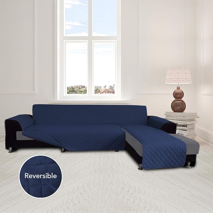 Easy-Going L Shape Couch Cover - Sectional Chaise Lounge Sofa Slipcover Reversible Dog Cat Pet Kids Children Furniture Protector (Large, Navy)