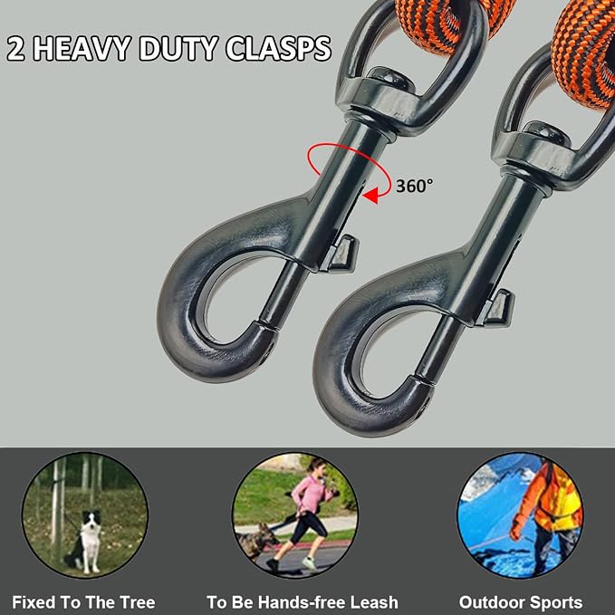 BTINESFUL Tie-Out Check Cord Long Rope Dog Leash, 8ft 12ft 20ft 30ft 50ft 75ft Recall Training Dog Lead, Large Medium Dogs Tether for Outdoor Playing, Camping, or Backyard (50ft, Orange Black)