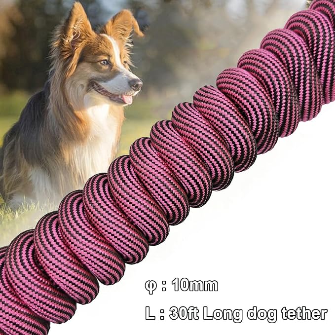 BTINESFUL 8ft 12ft 20ft 30ft 50ft 75ft Dog Tie Out Long Tether Rope Leash, Outdoor Yard Leash, Large Medium Dogs Training, Playing, Camping, Backyard Dog Lead (30 Foot, Pink Black)