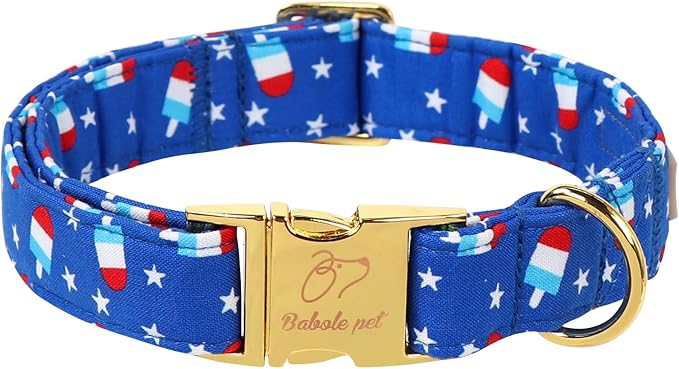 4th of July Dog Collar, Blue Flag Popsicle Patriotic Pet Collar with Metal Buckle, Adjustable Summer Holiday Dog Collars for Small Medium Large Dogs L