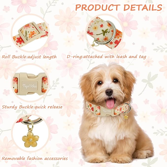 Dog Collars for Small Dogs, Dog Collar with Pink Floral Patterns, Summer Dog Collar with Quick Release Buckle, Soft Adjustable Female Collars Floral Dog Collar Puppy Collar for Small Dogs-S