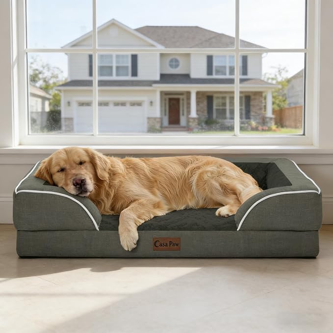 Orthopedic Dog Beds for Extra Large Sized Dogs 45x35 Inch, XL Waterproof Egg Crate Foam Dog Sofa Bed with Removable Washable Cover Big Pet Couch with Bolster & Non-Slip Bottom, Dark Green