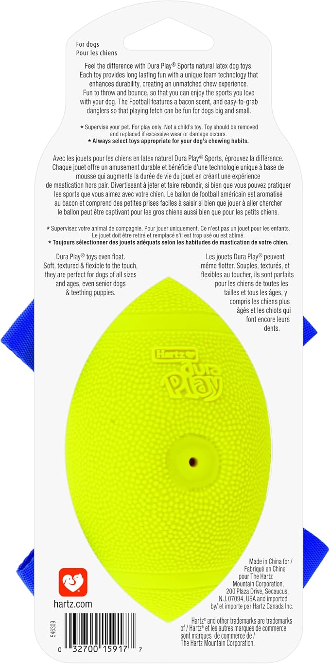 Hartz Dura Play Sports Football Dog Toy, Bacon Scented Squeaky Latex Yellow & Blue Toy, 1 Count