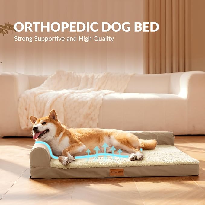 Patas Lague Orthopedic Dog Bed Large Sized Dog 36''X24'', Waterproof L Bolster Medium Pet Sofa Beds with Removable Washable Cover, Soft Pet Couch Crate Mat with Nonskid Bottom, Beige