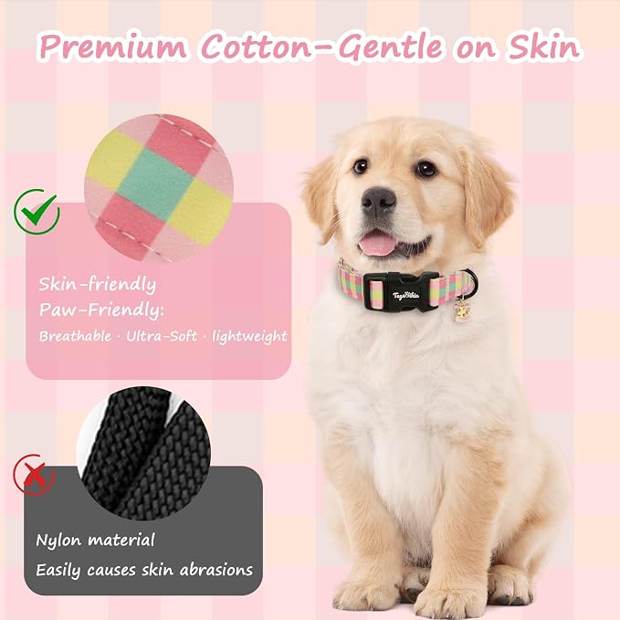 Dog Collar with Colorful Check Pattern, Spring Summer Collection Dog Collar with Exquisite Pendant, Durable Adjustable Collars for Gifts & Daily Use-S