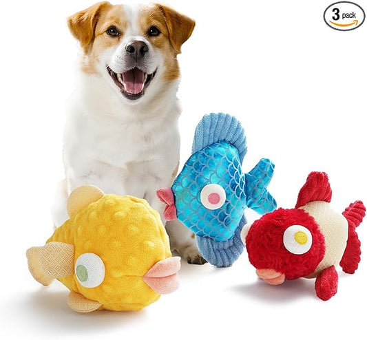 Nocciola Tough Dog Toys, Squeaky Dog Toys to Keep Dogs Busy with Two Resistant Layer & Crinkle Sound, Googly Eyed Fish Gang Puppy Teething Toys for Small, Medium, Large Breeds