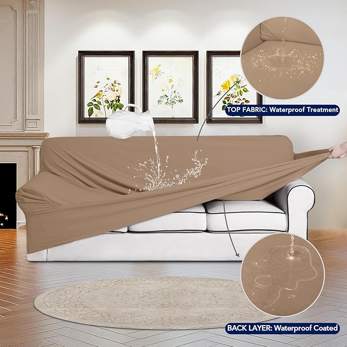 PureFit 100% Dual Waterproof Couch Cover Slipcovers for Couches and Sofas - Stretch Non Slip Fleece Sofa Covers Washable, Leakproof Furniture Protector for Kids, Pets, Dog (Loveseat, Camel)