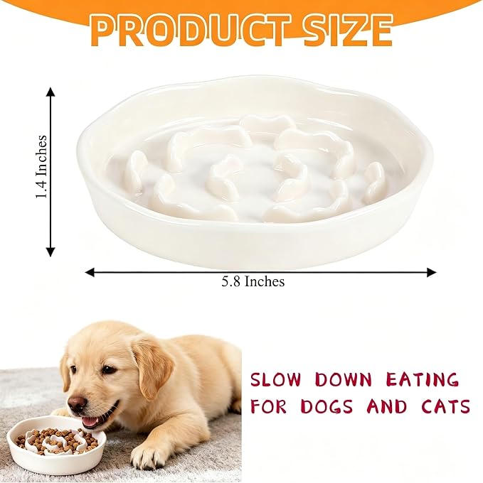 Pet Feeding Bowls, Ceramic Slow Feeder Dog Bowl - Heavy Weighted Blue Bloom Food Dish for Small to Medium Dogs - Non-Slip, Microwave & Dishwasher Safe Pottery Maze to Fast Eating (Milky White)