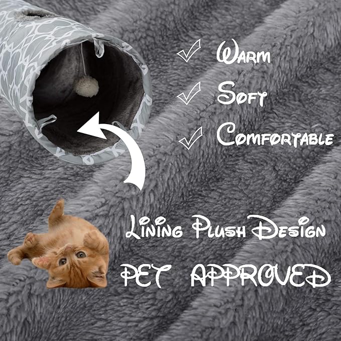 Geometric Straight Cat Tunnel with Plush Inside,Cats Toys Collapsible Tunnel Tube with Balls, for Rabbits, Kittens, Ferrets,Puppy,Diameter 11.8 Inch