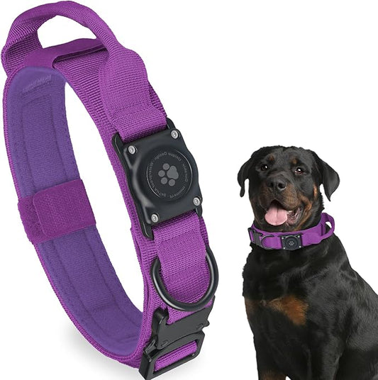 Tactical AirTag Dog Collar, 100% Waterproof Integrated Apple Air Tag Dog Collars with Hard PC AirTag Holder, Adjustable Military Collar with Handle, GPS Dog Collar for Medium Large Dogs(Purple,L)