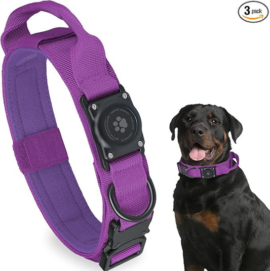 Tactical AirTag Dog Collar, 100% Waterproof Integrated Apple Air Tag Dog Collars with Hard PC AirTag Holder, Adjustable Military Collar with Handle, GPS Dog Collar for Medium Large Dogs(Purple,M)