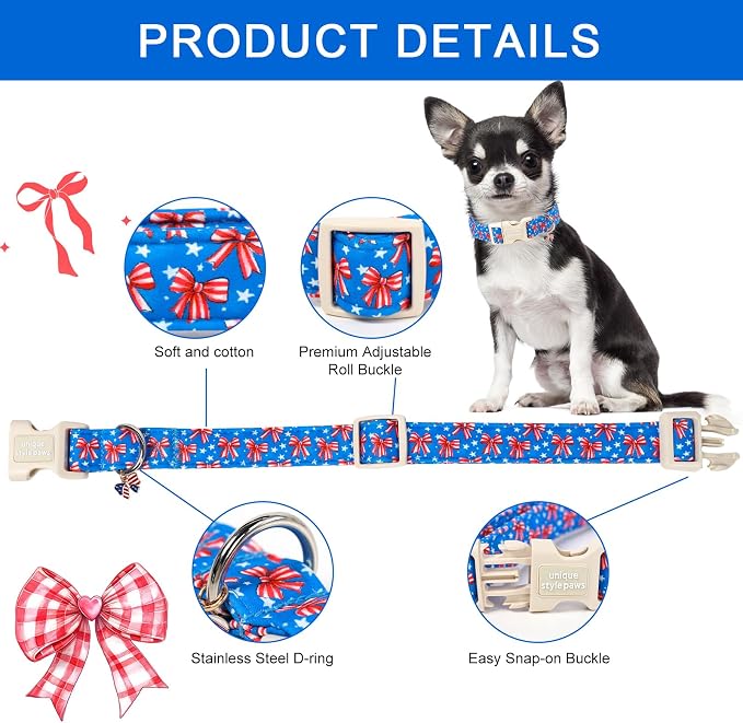 Unique style paws Dog Collar Plastic Buckle with Pendant Puppy Collar for Spring Summer Bow Star Flag Independence Day for Small Medium Large Boys Girls Dogs