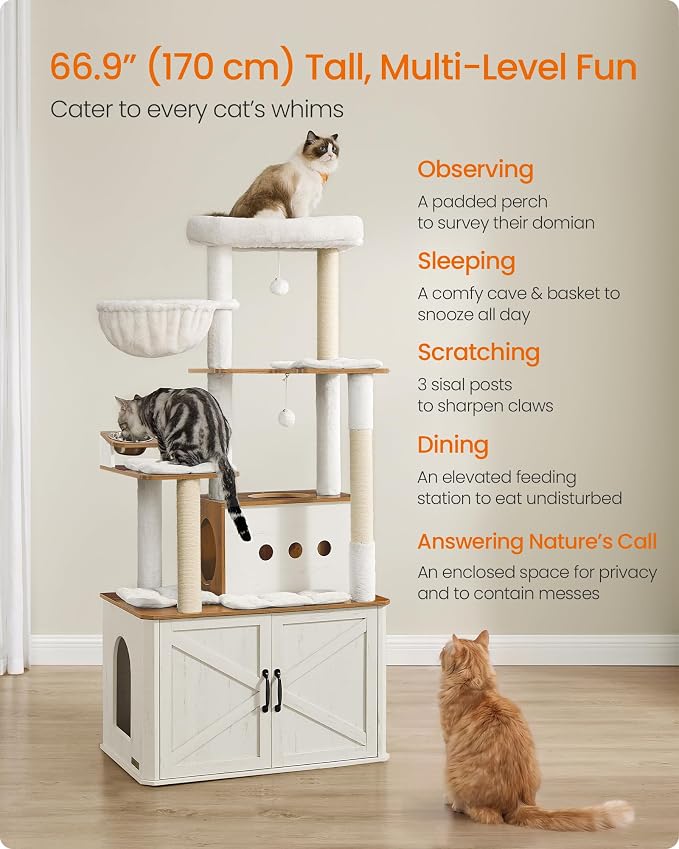 Feandrea Cat Tree, 66.9-Inch Cat Tower with Litter Box Enclosure, Large Condo with Food Station, Storage, Scratching Posts, Cave, Hammock, Washable Cushions, Rustic White and Honey Brown UPCT169W201