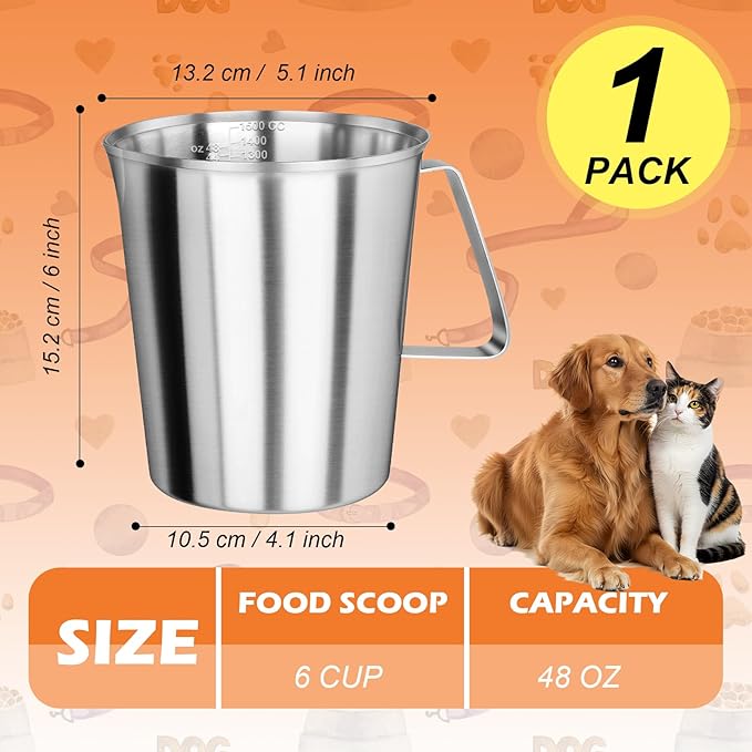 6 Cup Dog Food Scoop 304 Stainless Steel Dog Food Measuring Cups for Cat or Bird Pet Foods, Injection Molded and Dishwasher Safe (6 Cup)