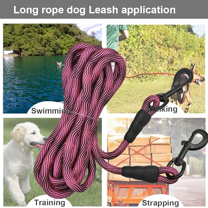 BTINESFUL 8ft/12ft/20ft/30ft/50ft/75ft Dog Tie-Out Long Tether Rope Leash, Outdoor Dog Lead for Yard- Large Medium Dogs Training, Playing, Camping, Backyard (20 Foot, Pink Black)