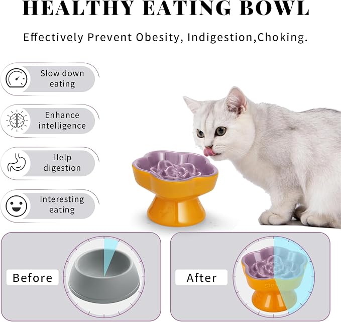 S&Q's Ceramics Raised Slow Feeder Cat Bowl, Ceramic Elevated Food Bowl Small Dogs Slow Feeder, Flower Shaped Cute Pet Dish for Dry and Wet Food (Purple, 5.8")