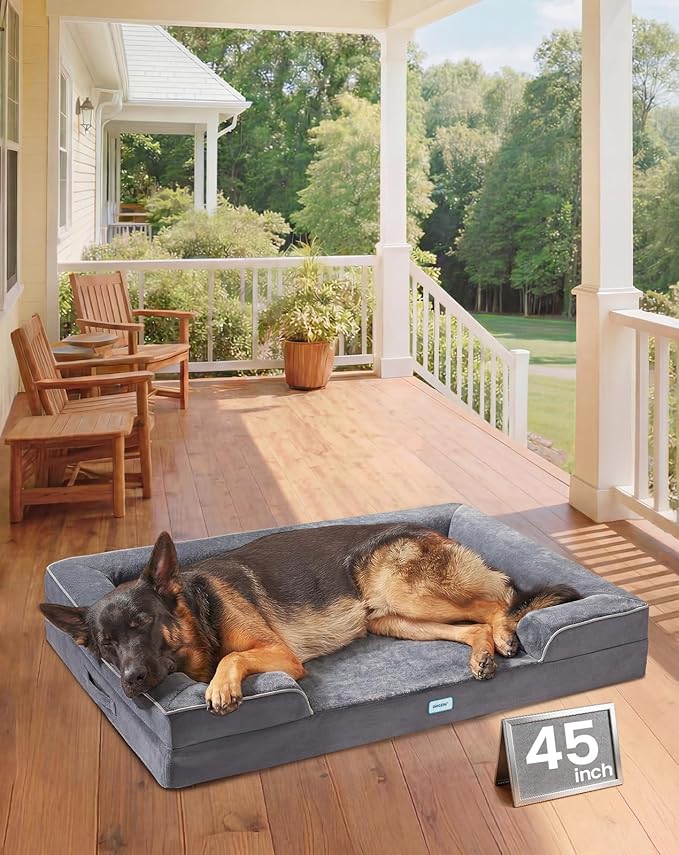 OhGeni Orthopedic Dog Bed Couch Big Cat Sofa for Extra Large Sized Pets with Memory Foam, Machine-Washable Waterproof Removable Cover, Soft Comfortable Fabric, 45-inch (Gray)