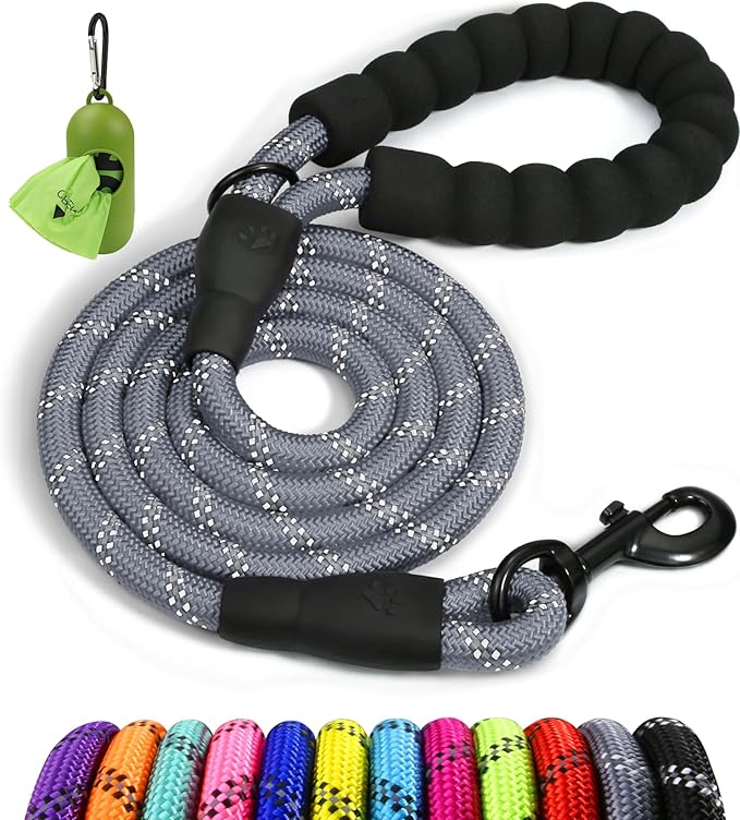 Taglory Rope Dog Leash 5 FT with Comfortable Padded Handle, Highly Reflective Threads Leash and Anti-Tangle Clip for Walking Medium Large Dogs, 1/2 inch, Grey