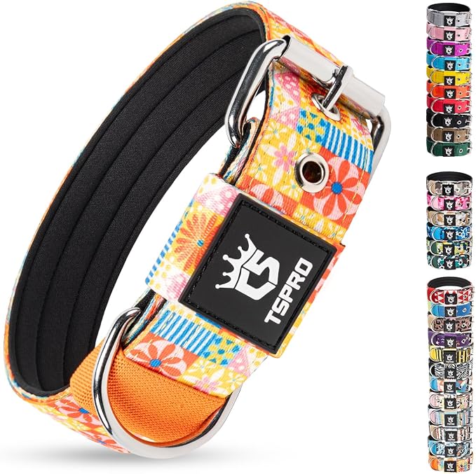 TSPRO Tactical Heavy Duty Dog Collar 1.5 Inch Wide & Thick, Durable Metal Buckle, Adjustable for Medium to Large Dogs, Strong & Comfortable for Daily Use (Country Floral Print, L)