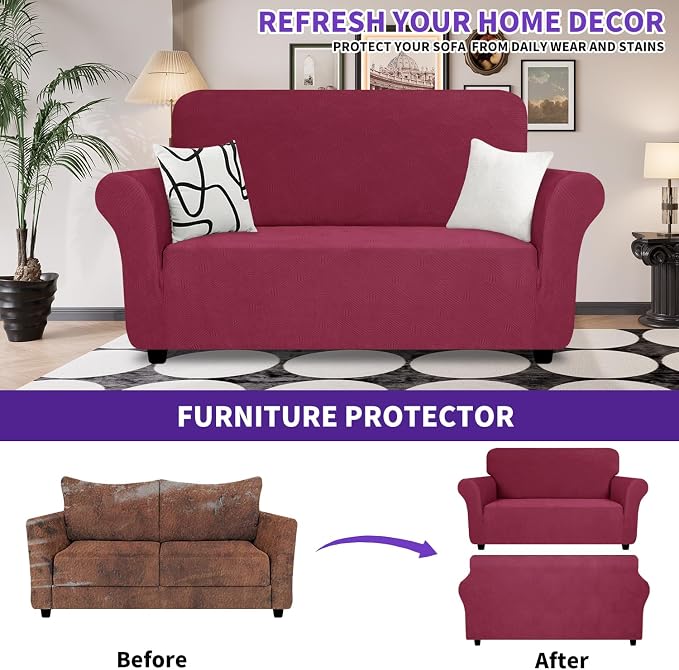 ZNSAYOTX Super Stretch Loveseat Covers (57"-70"), New Striped Love Seat Slipcover, Dogs Pet Friendly Anti-Slip Couch Protector Spandex Durable 2 Seater Fabric Sofa Cover (Wine Red, Loveseat)