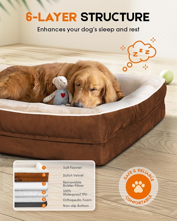 Upvilla Orthopedic Dog Bed XL, Four-Sided Cushioned Egg-Shaped Foam Dog Sofa, Waterproof Removable Cover, Pet Sofa Bed with Non-Slip Base, Extra Large Dog Bed,Brown