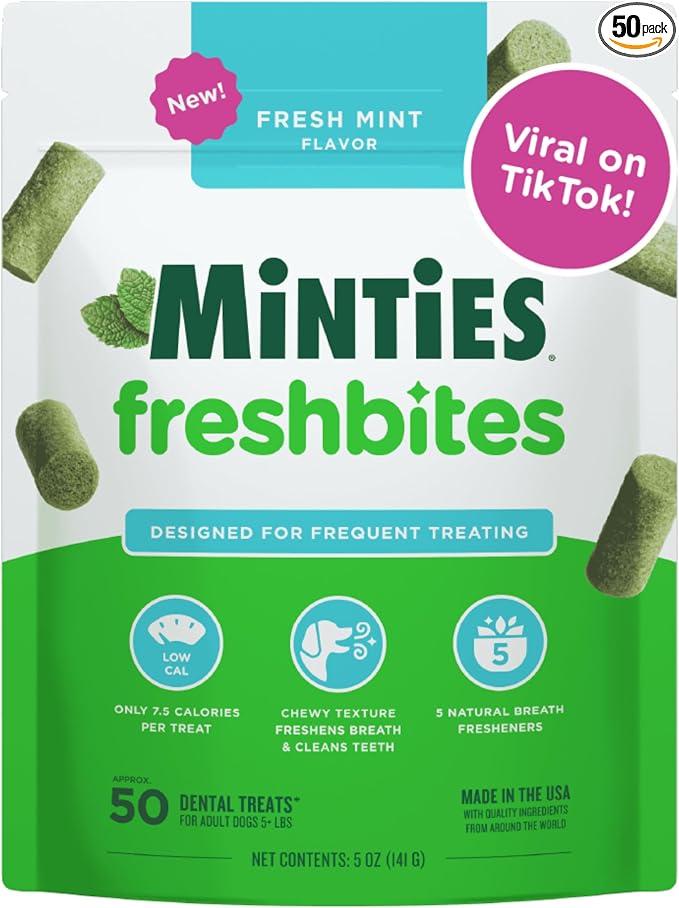 Minties FreshBites Soft and Chewy Dental Treats, Low Calorie Natural Mint Flavored Dental Chews for Dogs, 50 Count, Dog Chews Clean Teeth, Fight Bad Breath, Removes Plaque and Tartar