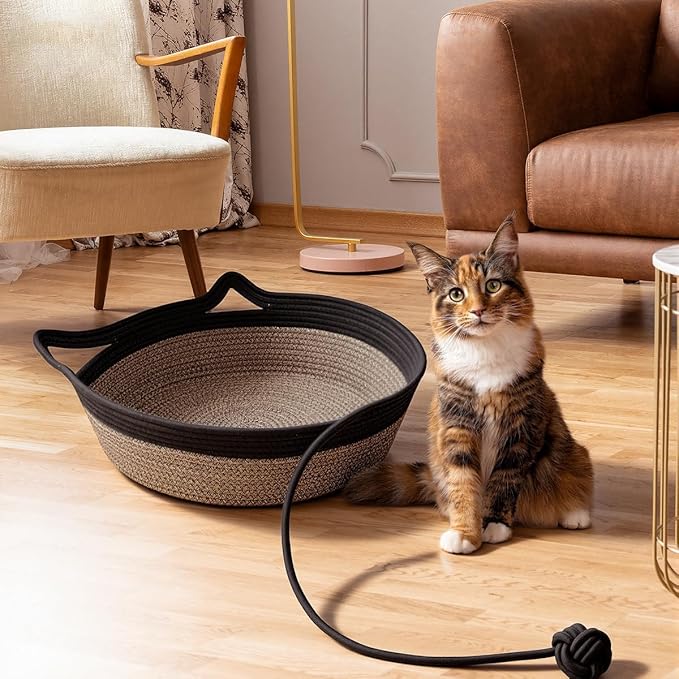 Cotton Rope Woven Cat Bed Basket, Hand Woven Cat Bed with Toy Tail, Small Dogs Sofa Bed, Pet Sleeping Bed Basket for Indoor Cats, Puppies, Rabbits (Large, Black & Brown)