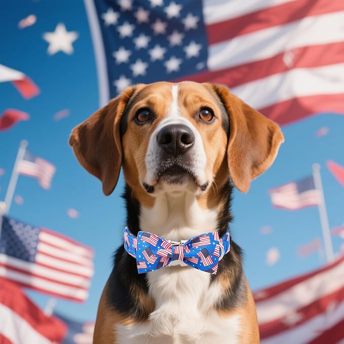 Maca Bates American Flag 4th of July Dog Collar with Bow Tie for Dogs Bowtie 4 of 7 Flags Blue Adjustable Durable Patriotic Collars USA Independence Day Gift for Small Medium Large XL Boy Girl Puppy