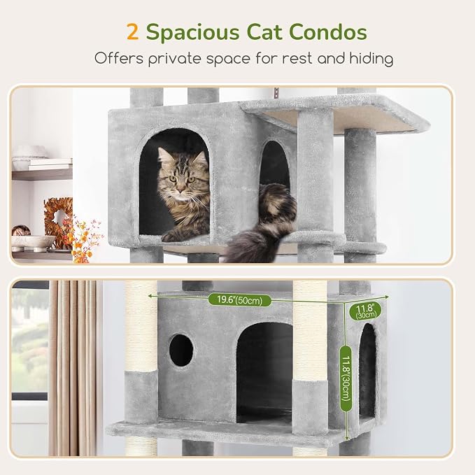 Globlazer 74in Cat Tree for Indoor Cats Large Adult, Heavy Duty Cat Tower with 5 Sisal Scratching Posts, 2 Caves, Oversized Top Perch, Hanging Basket, F74B, Light Grey