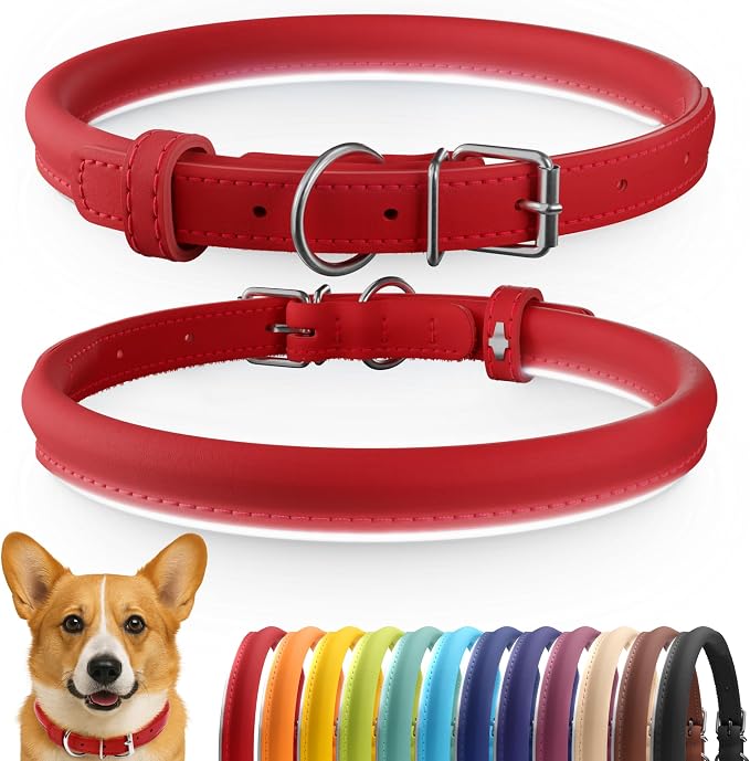 CollarDirect Reflective Rolled Leather Dog Collar, Soft Padded Round Puppy Collar, Handmade Genuine Leather Collar Dog Small Large Cat Collars 13 Colors (12-15 Inch, Red Reflective)