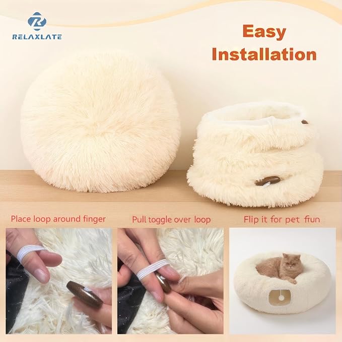 RELAXLATE Large Cat Tunnel Bed for Indoor Cats,Cat Bed, Cat Tunnel Christmas Tree Skirt, Cat Donut Tunnel Toys with Warm Soft Plush, for Cats, Kittens, Small Pets (White)