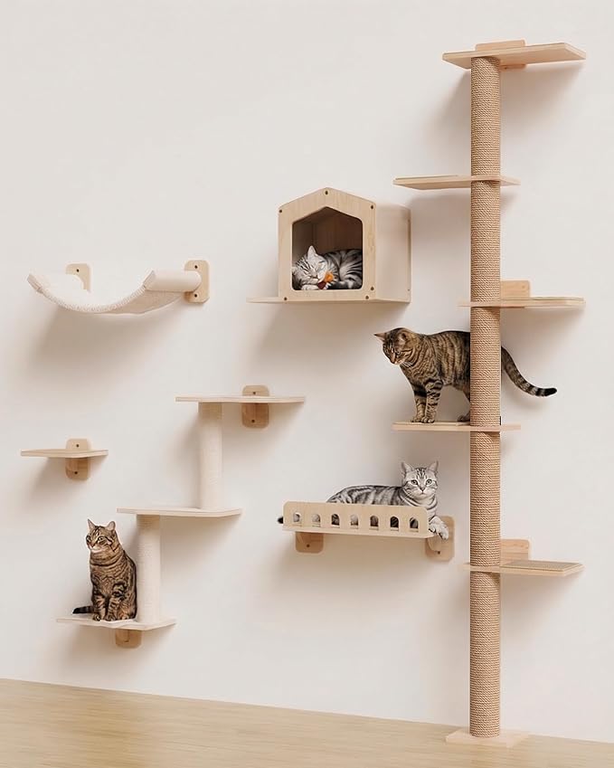80.3" Tall Cat Tree for Wall, 5 Tier Floor to Ceiling Cat Tree, Adjustable Wall Mounted Cat Tree with 15.7" Top Perch Bed for Large Adult Cats